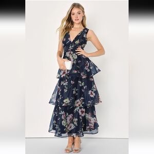 Molinetto Navy Blue Floral Organza Ruffled Tiered Maxi Dress